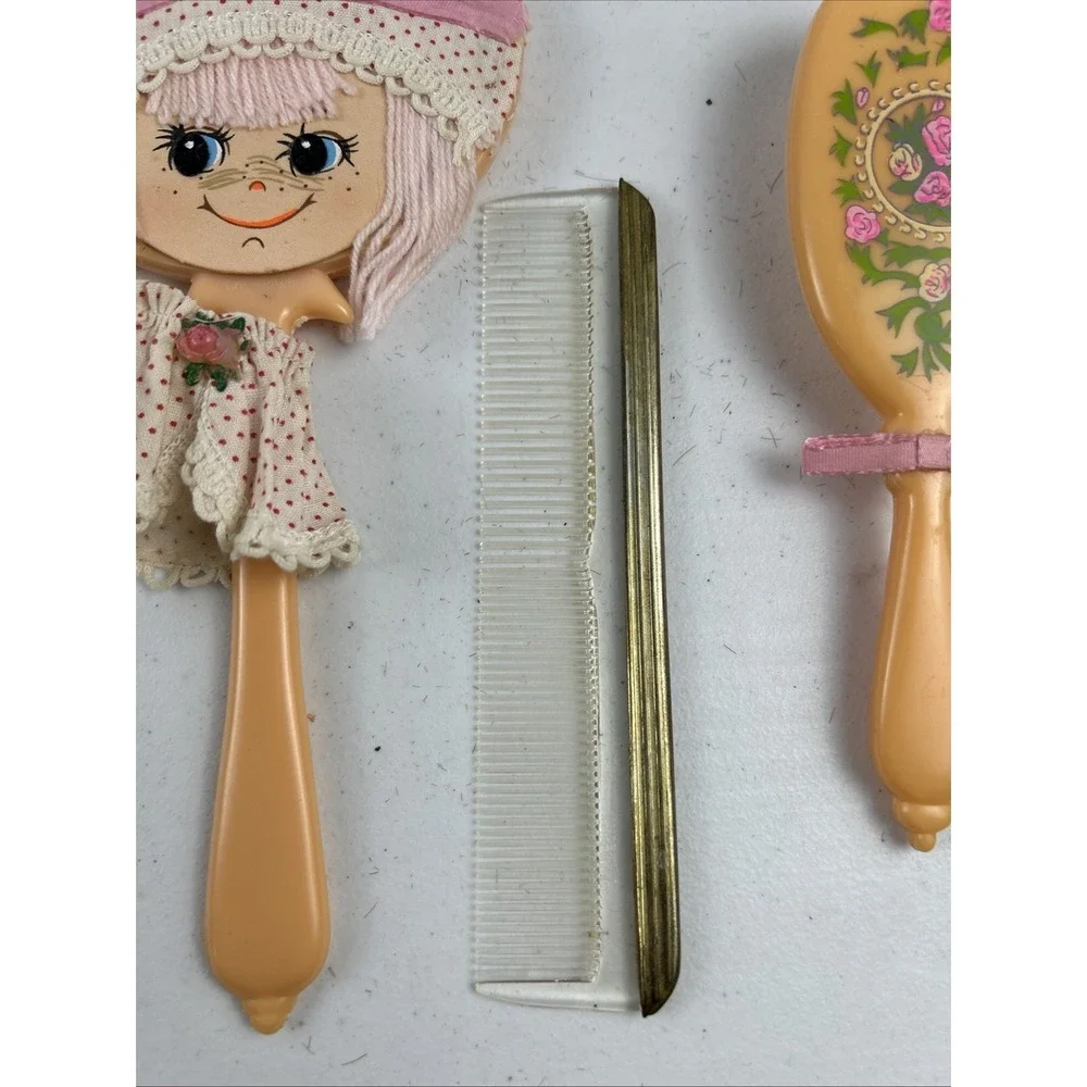 Vintage Child's Doll Face Kitschy Hand Vanity Mirror, Comb, Brush Set
